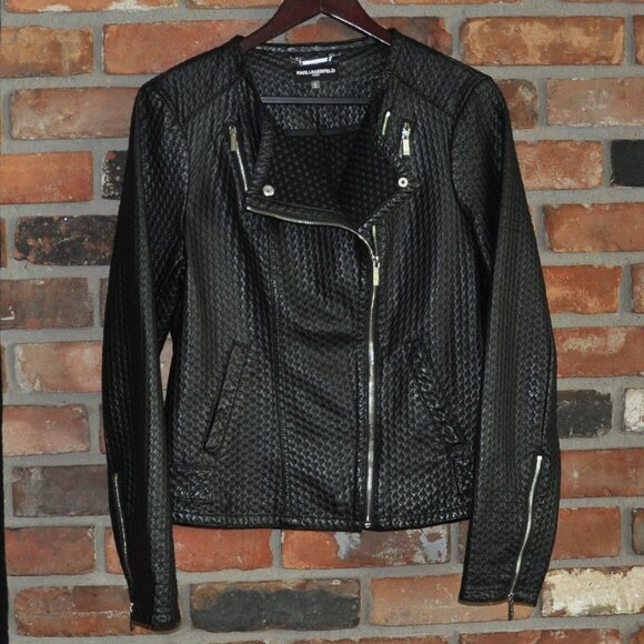 Karl Lagerfeld Paris Woven Texture Black Faux Leather Motorcycle Moto Jacket L - Picture 1 of 10